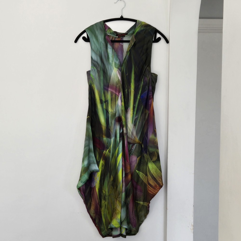 Simon Chang Green and Purple Silk Dress